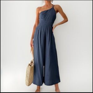 Summery Linen Flowy Single Shoulder Wide Leg Crop Jumpsuit Women's Size Medium